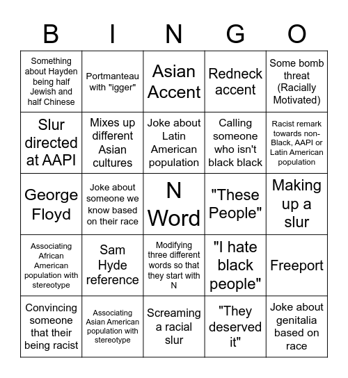 Racist Bingo Card