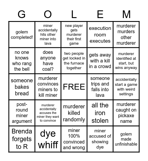 GOLEM Bingo Card