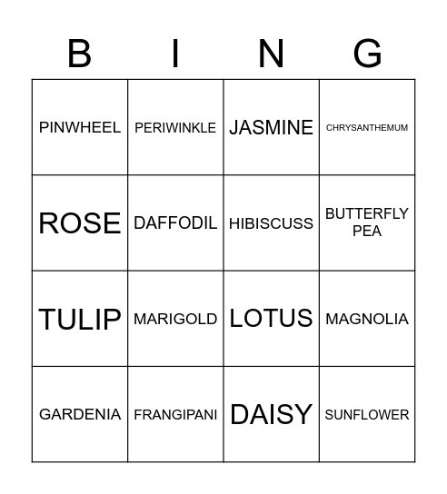 Flowers Bingo Card