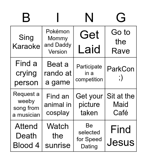 Fanime Bingo Card