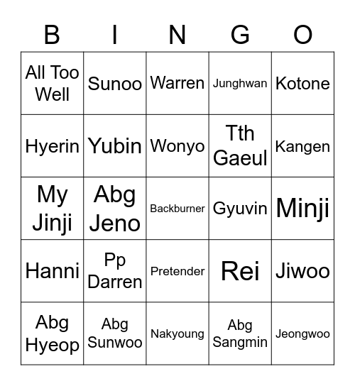 Yujin’s Bingo =__= Bingo Card