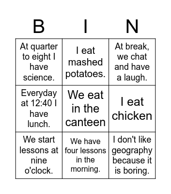 School Bingo Card