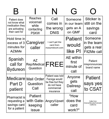 I got a call... Bingo Card