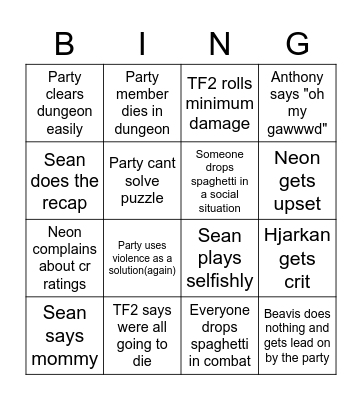 Neon's DND Campaign Bingo Card
