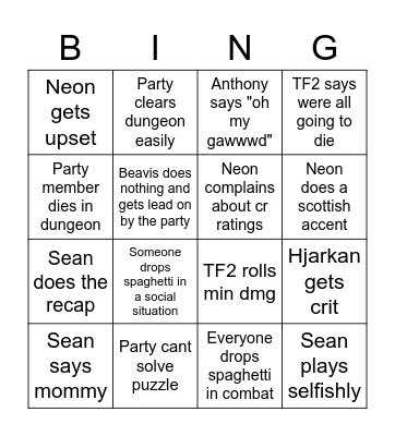 Neon DND Bingo Card