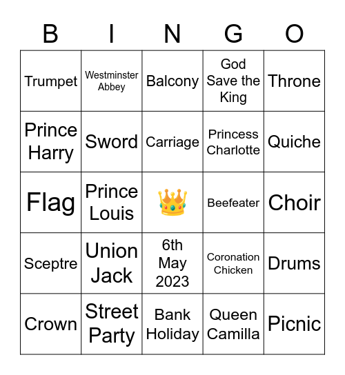 Coronation Bingo Card