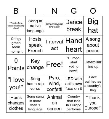 Eurovision 2023 Bingo Card