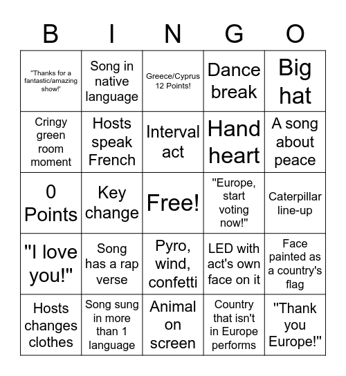 Eurovision 2023 Bingo Card