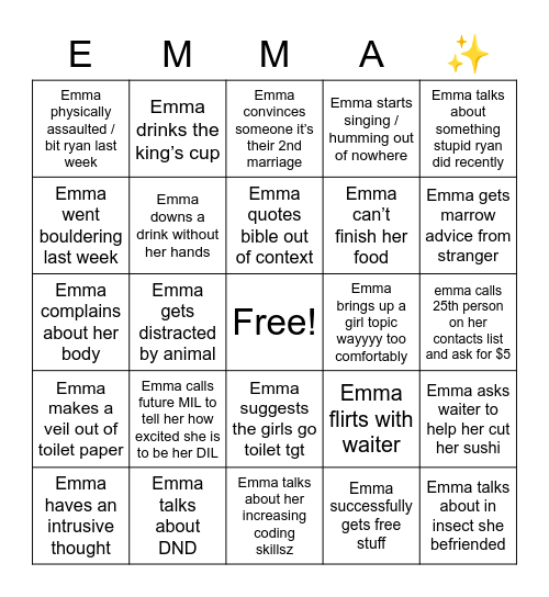 Emma Bingo Card