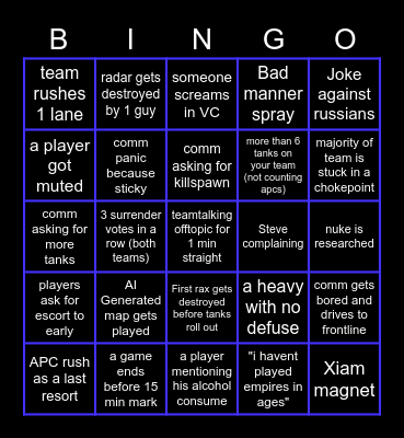 Empires Bingo Time Bingo Card