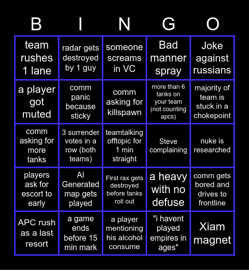 Empires Bingo Time Bingo Card