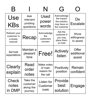 Customer Effort BINGO Card