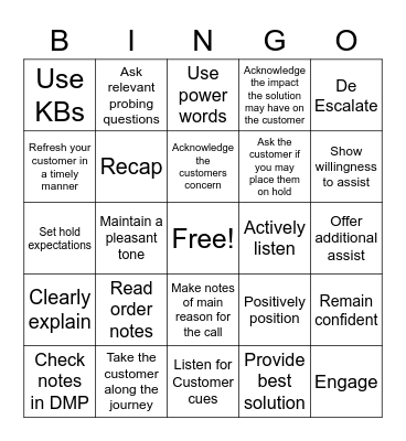 Customer Effort BINGO Card