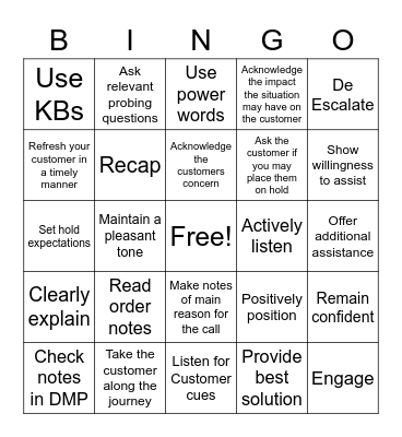 Customer Effort BINGO Card
