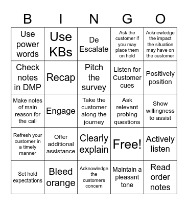 Customer Effort BINGO Card