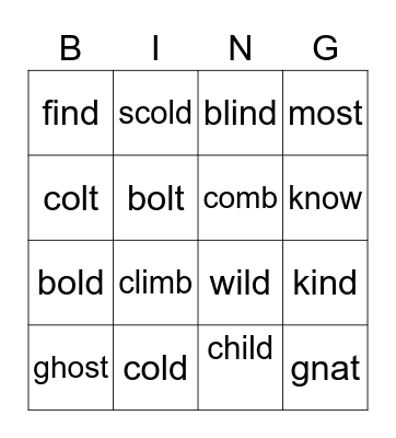 old, ind Word Pattern Bingo Card