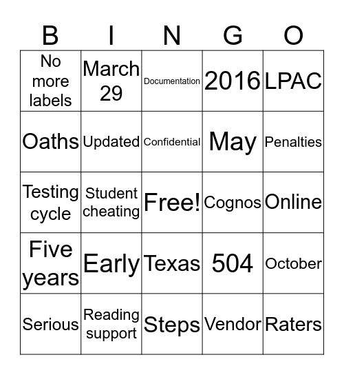 Principals Love State Testing Bingo Card