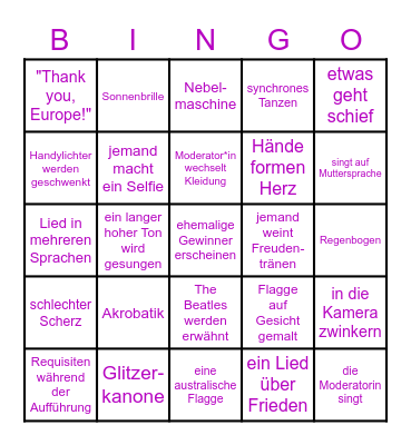 Else's Eurovision Bingo Card