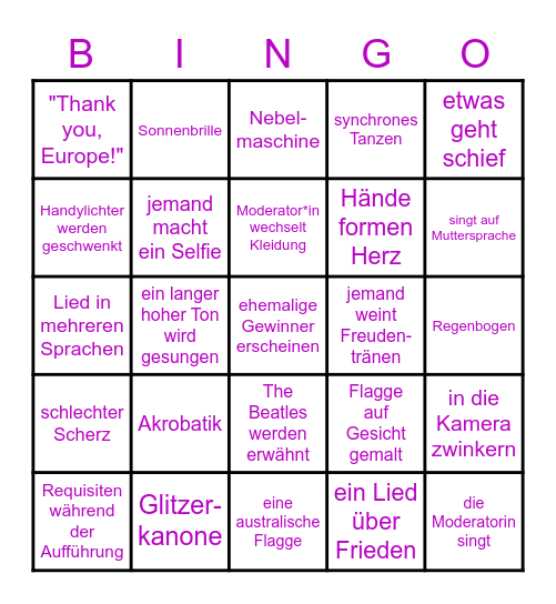 Else's Eurovision Bingo Card