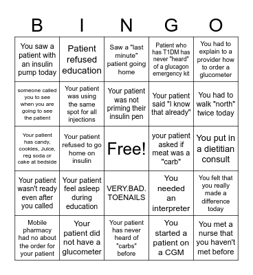 Diabetes Education Bingo Card