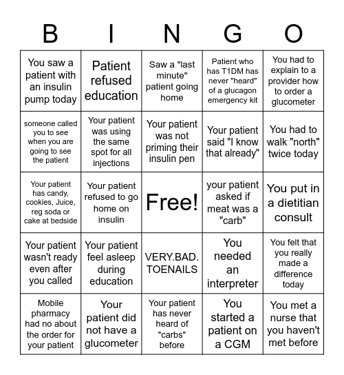 Diabetes Education Bingo Card