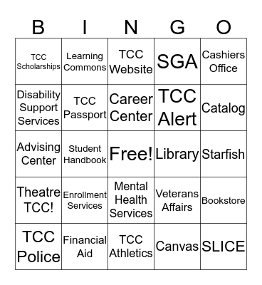 TCC Campus and Resources Bingo Card