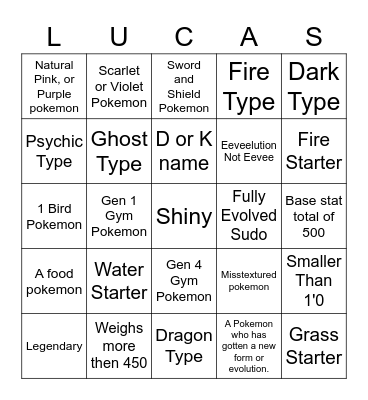 LUCAS No evolving Bingo Card