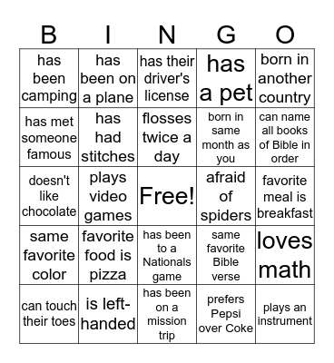 2016 FBCUM Winter Retreat Icebreaker Bingo Card