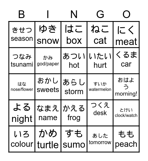 Hiragana Words - 46 basic Bingo Card