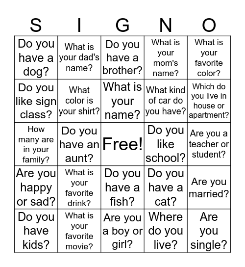 Fingerspelling Questions Bingo Card
