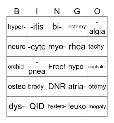 Medical Terminology Bingo Card