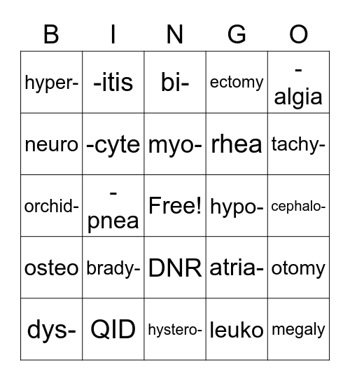 Medical Terminology Bingo Card