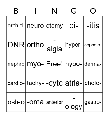 Medical Terminology Bingo Card