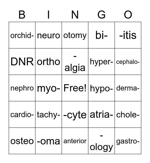 Medical Terminology Bingo Card