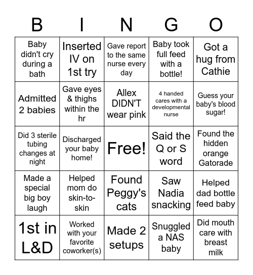 NICU Bingo! Bingo Card