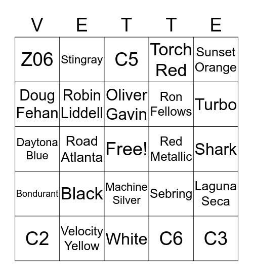 Corvettes of San Diego Bingo Card