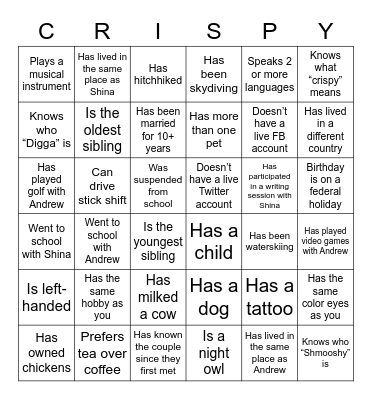S&A's Crispy Wedding Bingo Card