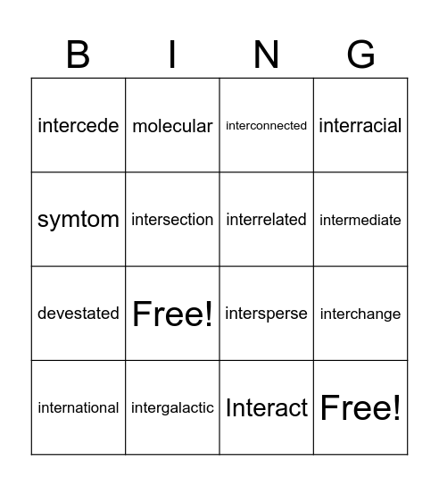 Spellling Bingo Card