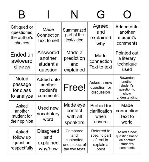 Class Discussion Bingo!! Bingo Card