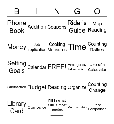 Life Skills Bingo Card