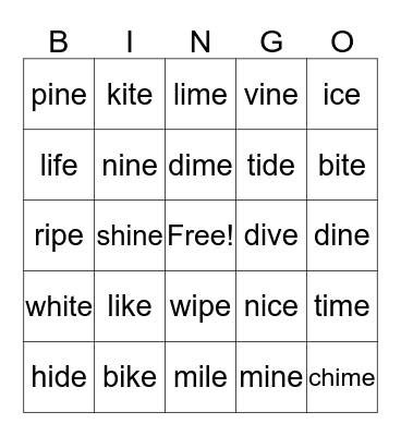 i-e words Bingo Card