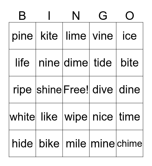 i-e words Bingo Card