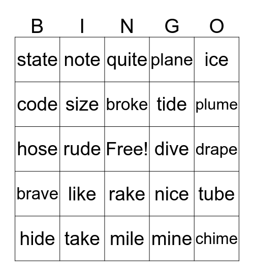 long cvce words Bingo Card