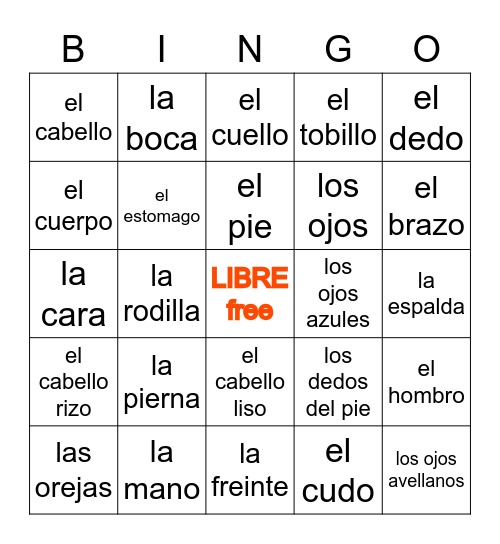 HHS Las partes del cuerpo Bingo Card