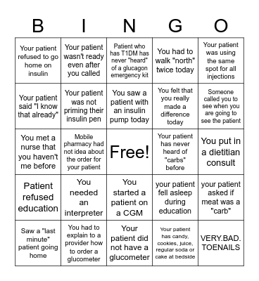 Diabetes Education Bingo Card