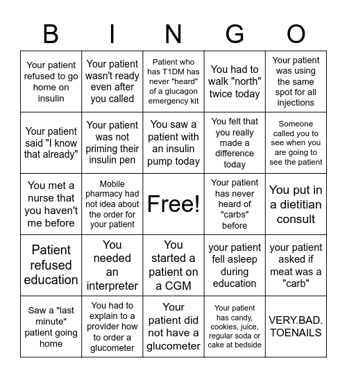 Diabetes Education Bingo Card