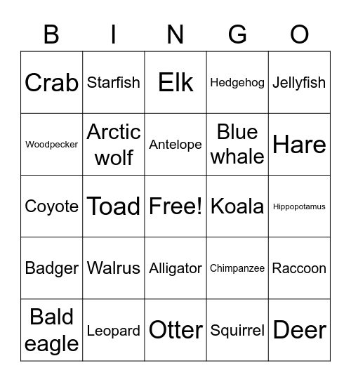 WILD ANIMALS Bingo Card