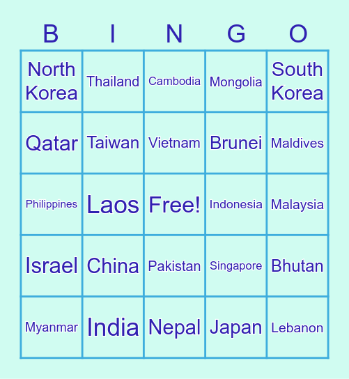 Countries in Asia Bingo Card