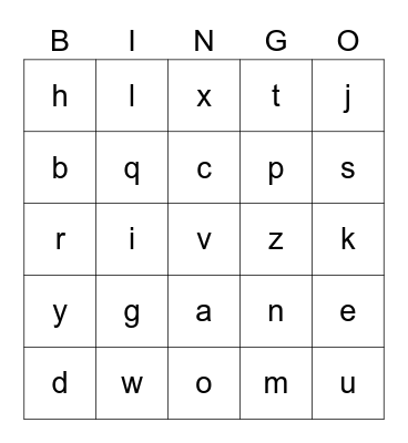 Lower Case Letters Bingo Card