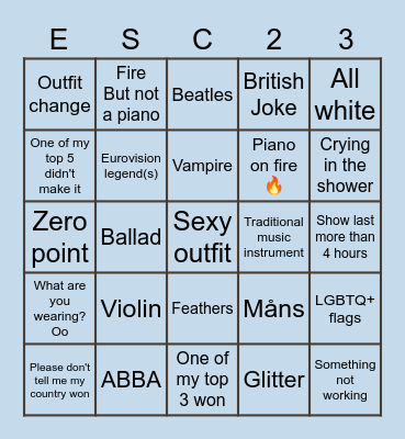 Eurovision Finale Bingo Card